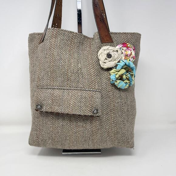 Y2K Handmade Reversible Tote Bag Brown Tweed Blue Flowers Buttons Leather Belt - Picture 3 of 14